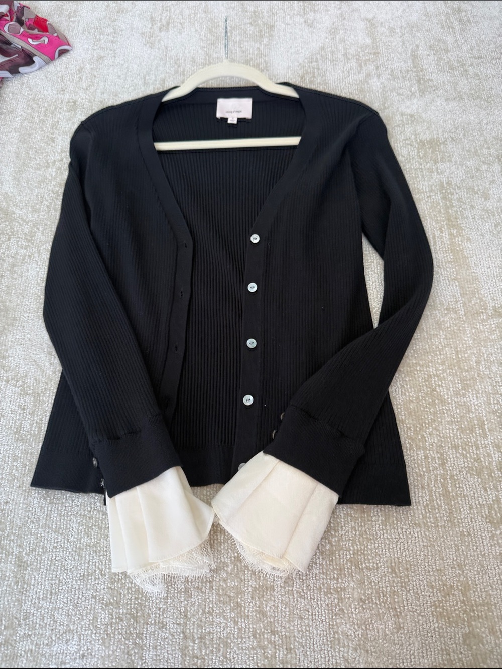 cinq a sept Black Ribbed Cardigan with Cream Layered Cuffs